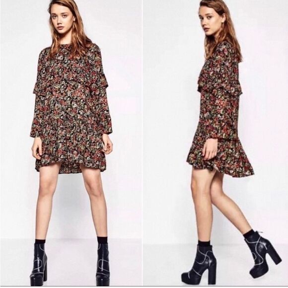 Zara Dresses & Skirts - Zara Trafaluc Collection Black Floral Boho Tiered Ruffle Fall Tunic Mini Dress